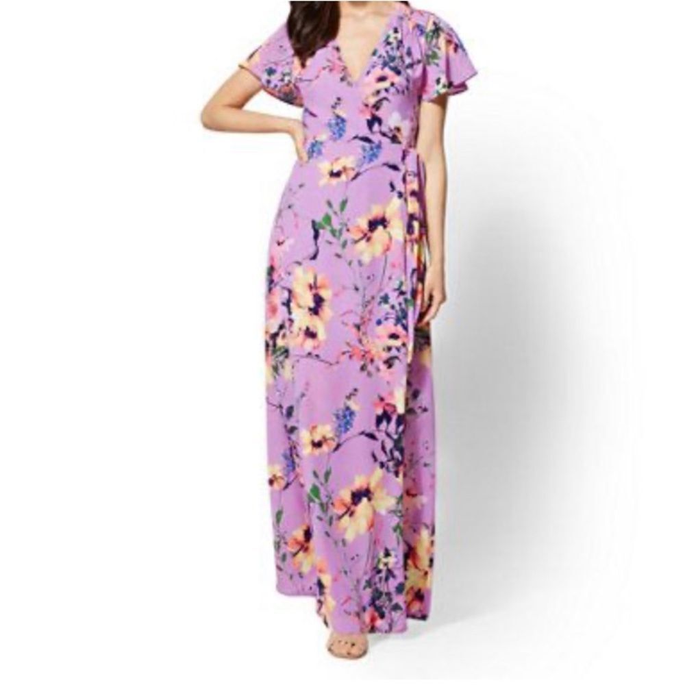 Women’s Purple Floral Wrap Maxi Wrap Dress V-neck Flutter Sleeves Size Large